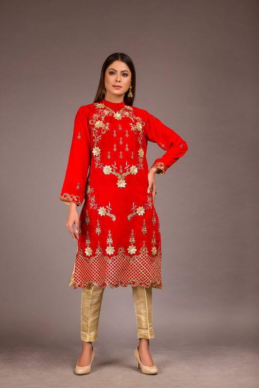 Glow Red - Embroidered Velvet Unstitch Kurti