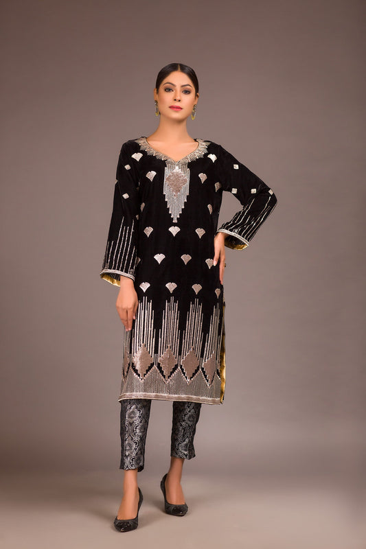 Marin Black - Embroidered Velvet Unstitch Kurti