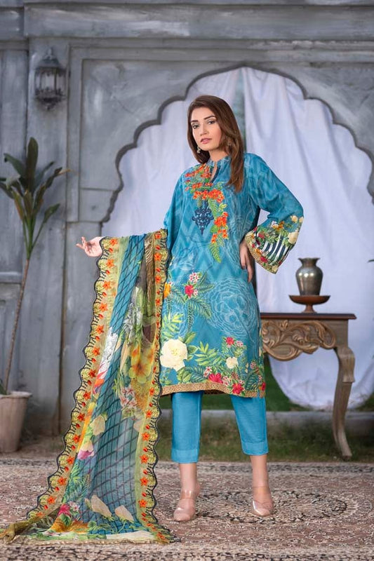 Blue Wave Digital Printed & Embroidered Karandi 3PC