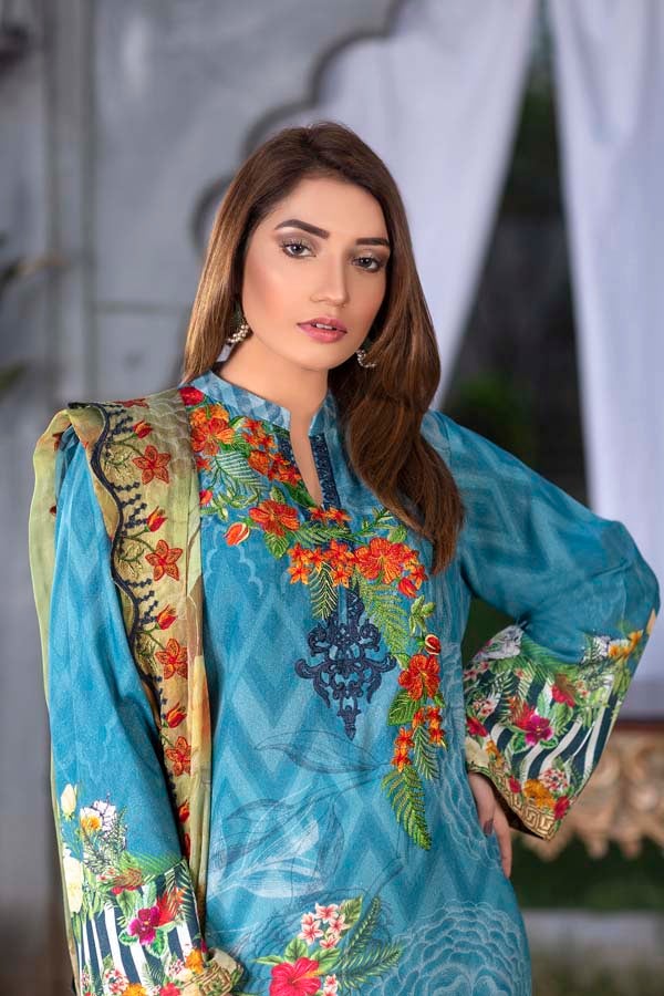Blue Wave Digital Printed & Embroidered Karandi 3PC