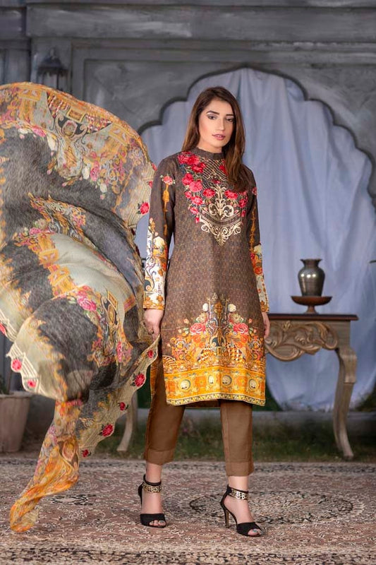 Floral Mud Digital Printed & Embroidered Karandi 3PC