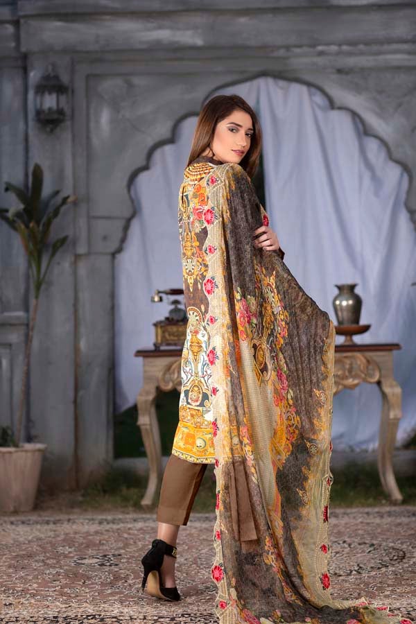 Floral Mud Digital Printed & Embroidered Karandi 3PC