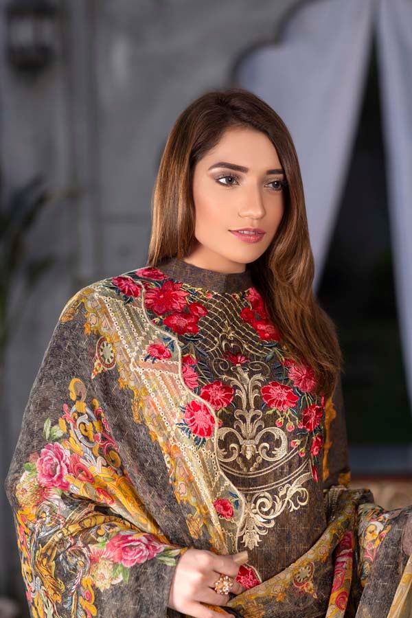 Floral Mud Digital Printed & Embroidered Karandi 3PC