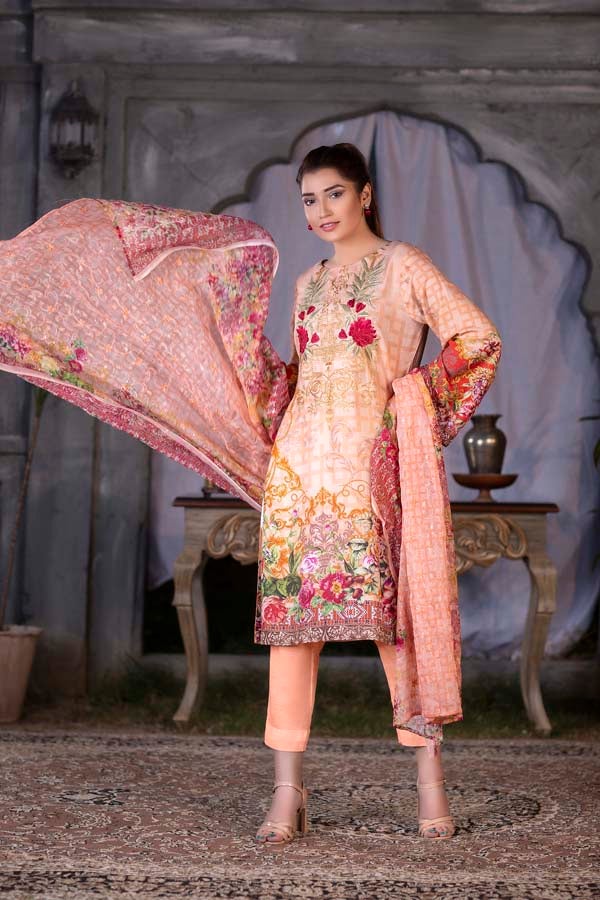 Light Apricot Digital Printed & Embroidered Karandi 3PC