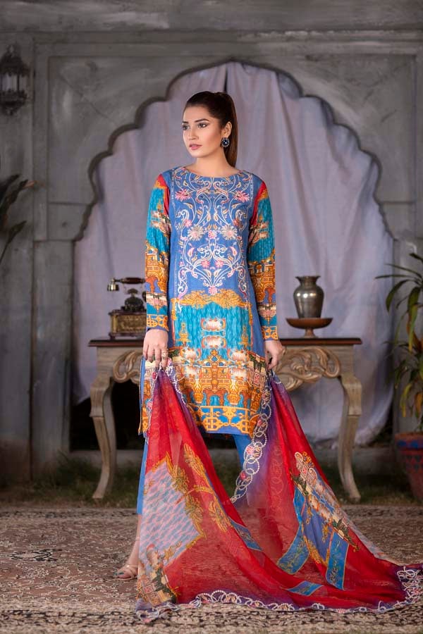 Deep Ocean Digital Printed & Embroidered Karandi 3PC