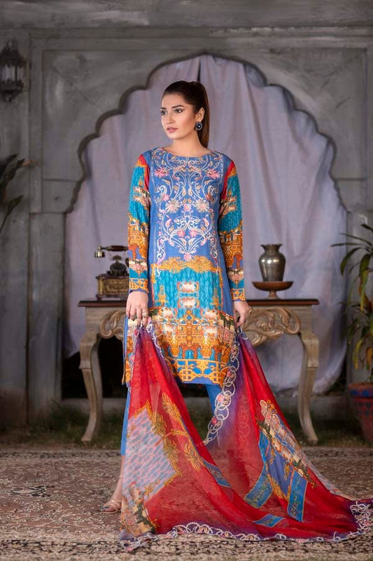 Deep Ocean Digital Printed & Embroidered Karandi 3PC