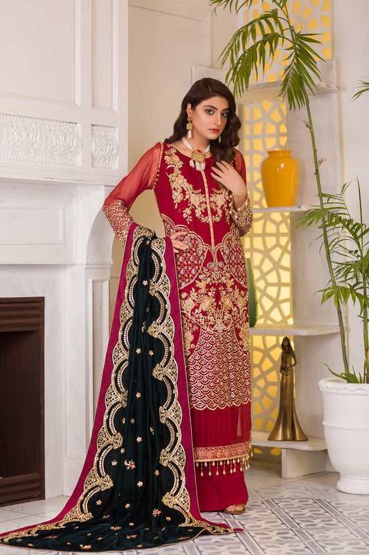 Blooming Red - Embroidered & Hand Embellished Chiffon 3PC