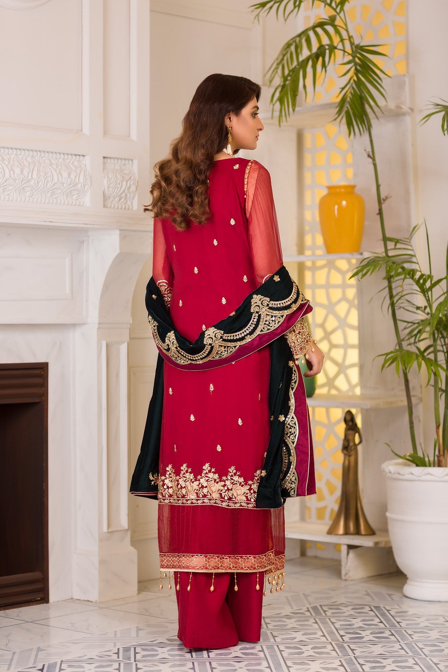 Blooming Red - Embroidered & Hand Embellished Chiffon 3PC