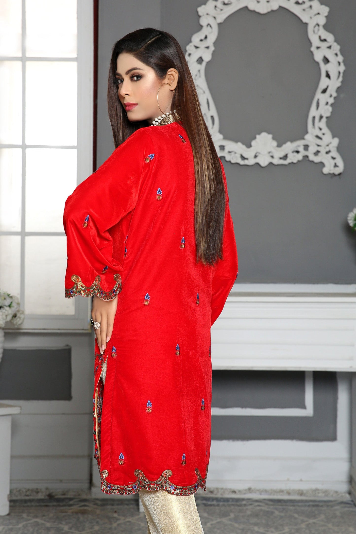 Alstroemeria- Embroidered Velvet Unstitch Kurti
