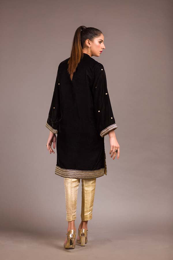 Cannon Black - Embroidered Velvet Unstitch Kurti