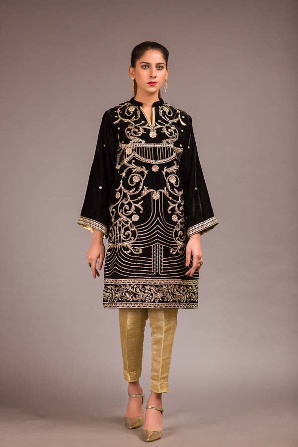 Cannon Black - Embroidered Velvet Unstitch Kurti