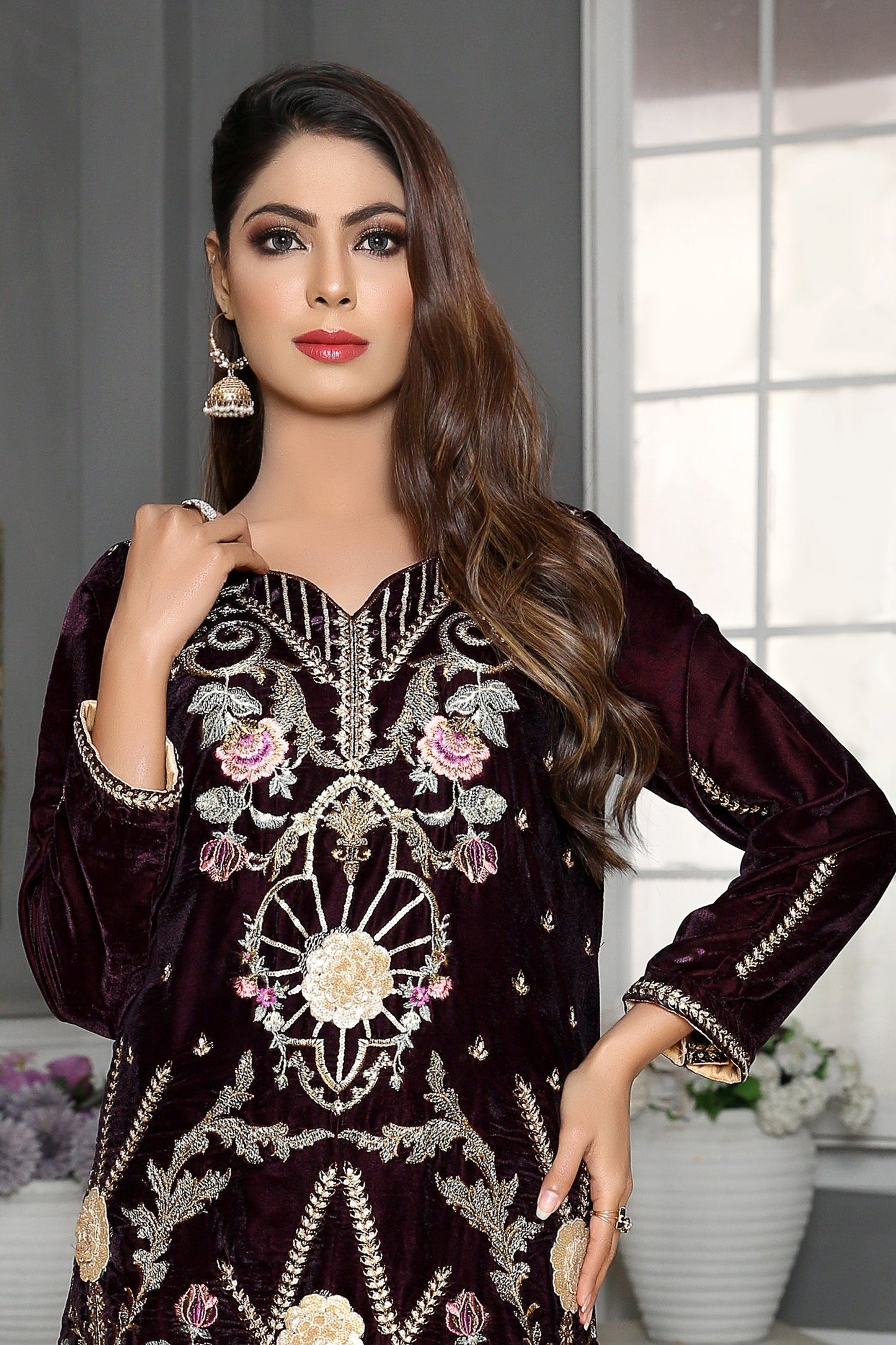 Chrysan - Embroidered Velvet Unstitch Kurti