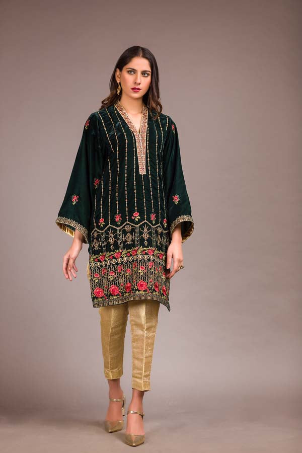 Bush Green - Embroidered Velvet Unstitch Kurti