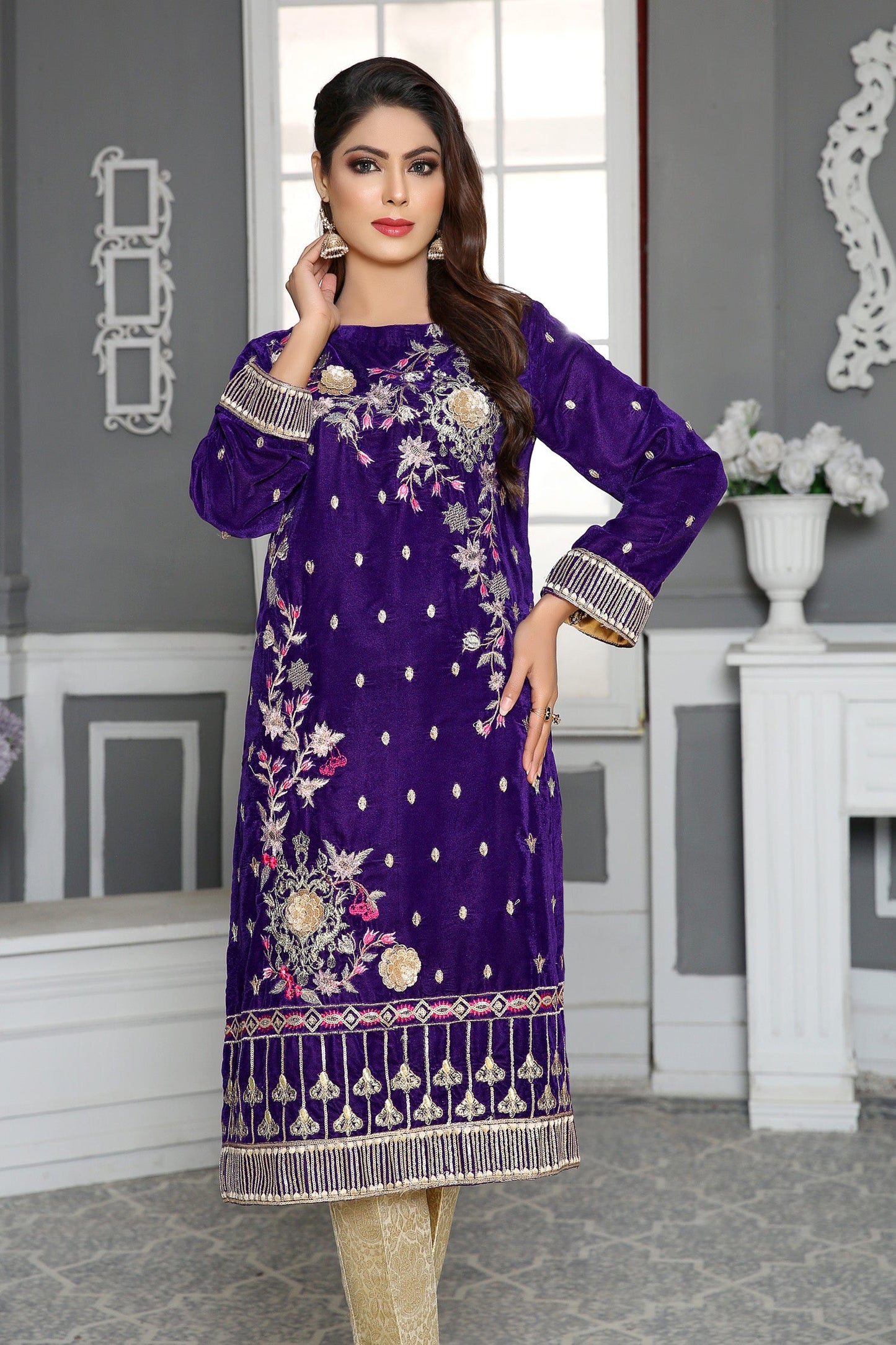 Dwarf Iris. - Embroidered Velvet Unstitch Kurti
