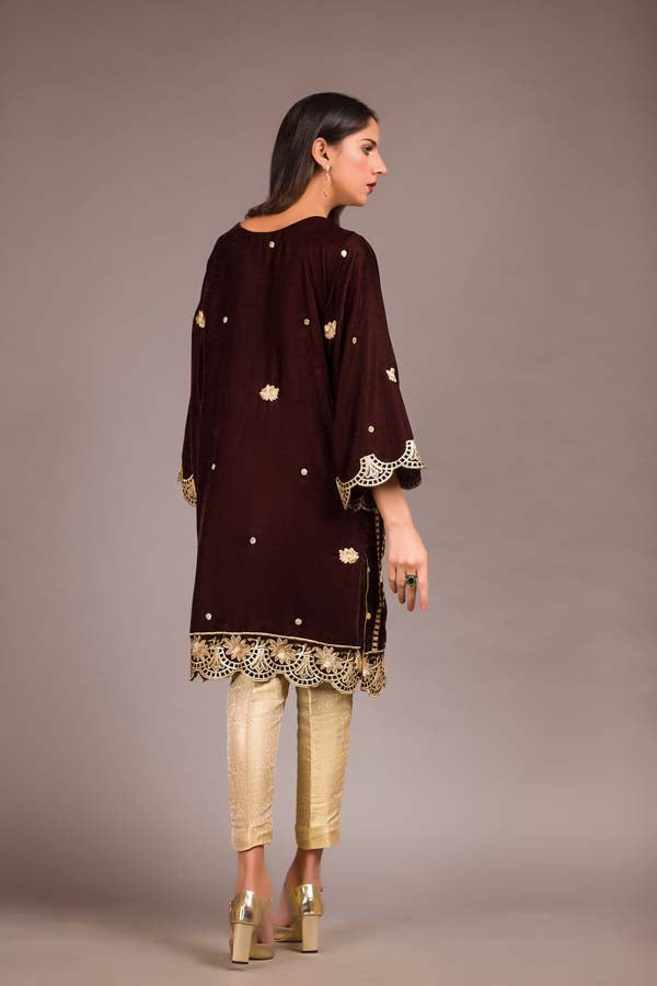 Aubergine - Embroidered Velvet Unstitch Kurti