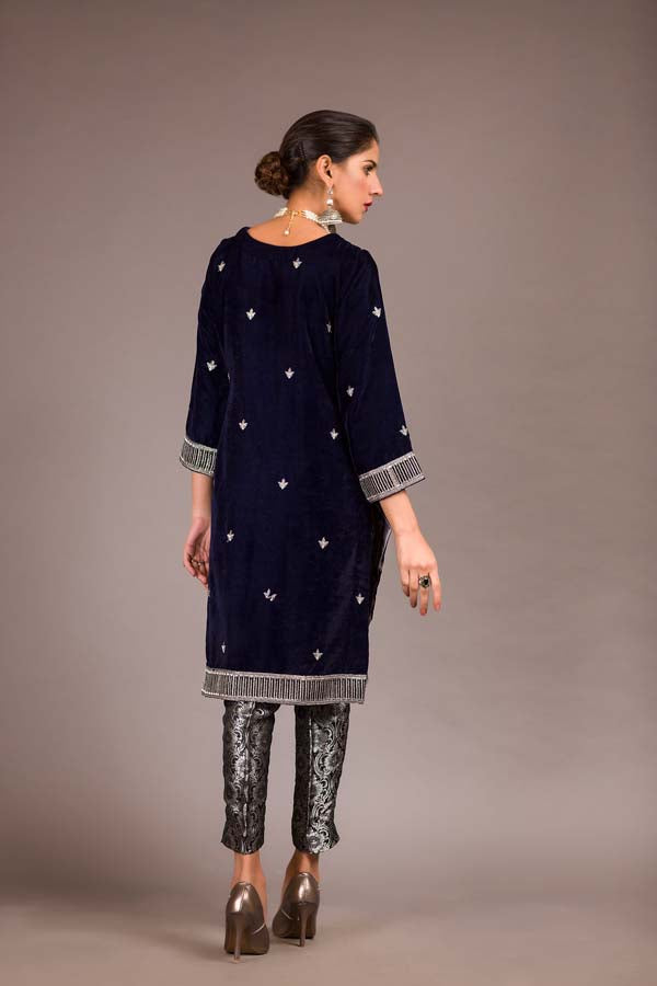 Blue Charcoal - Embroidered Velvet Unstitch Kurti