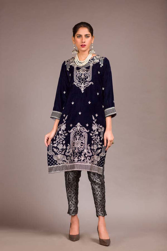 Blue Charcoal - Embroidered Velvet Unstitch Kurti