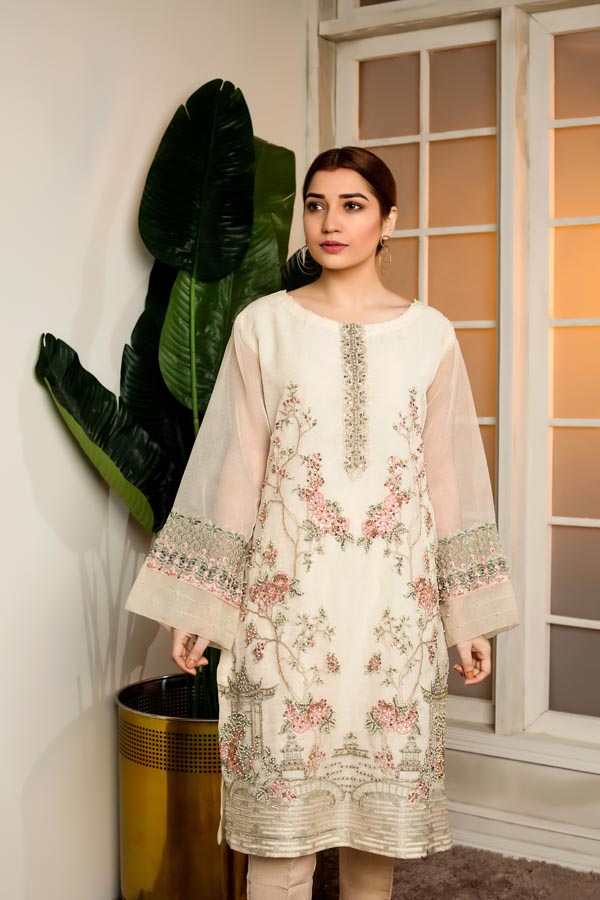 Cloudy White - Hand Embellished Embroidered Organza Shirt