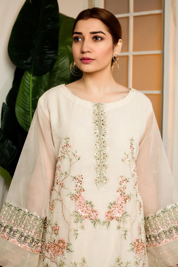 CLOUDY WHITE - HAND EMBELLISHED EMBROIDERED ORGANZA STITCHED