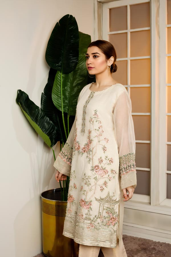 CLOUDY WHITE - HAND EMBELLISHED EMBROIDERED ORGANZA STITCHED