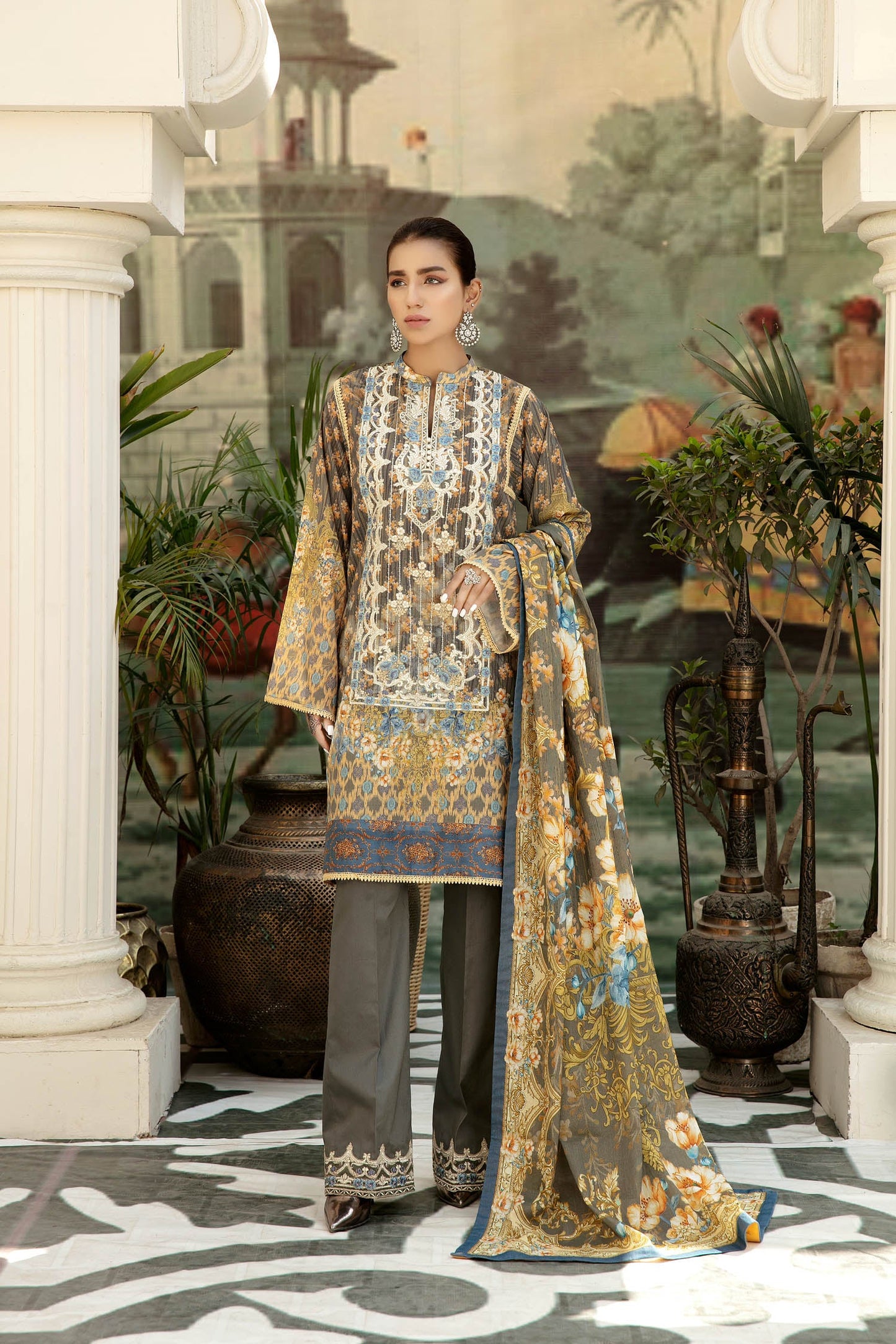 Crown Grey - Digital Printed & Embroidered Lawn 3PC