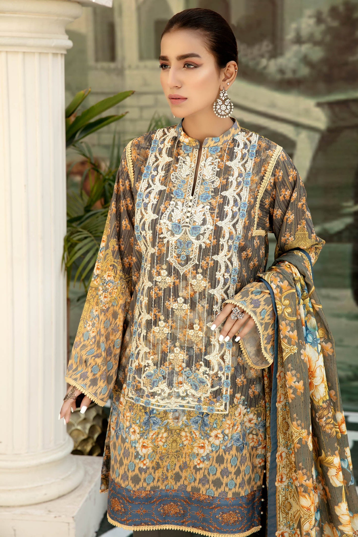 Crown Grey - Digital Printed & Embroidered Lawn 3PC