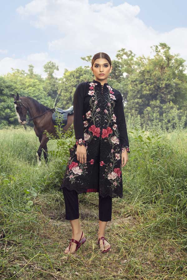 Blushing Black - Premium Embroidered Jacquard Unstiched Lawn Kurti
