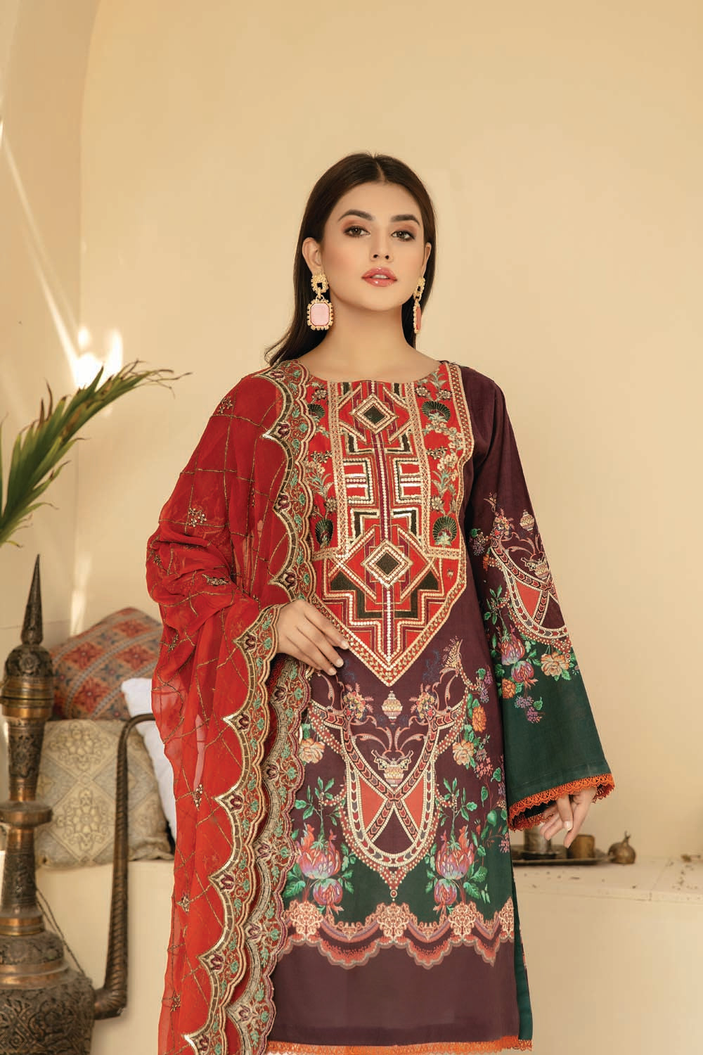 Brick Bliss - Digital Printed And Embroidered Suvic Lawn