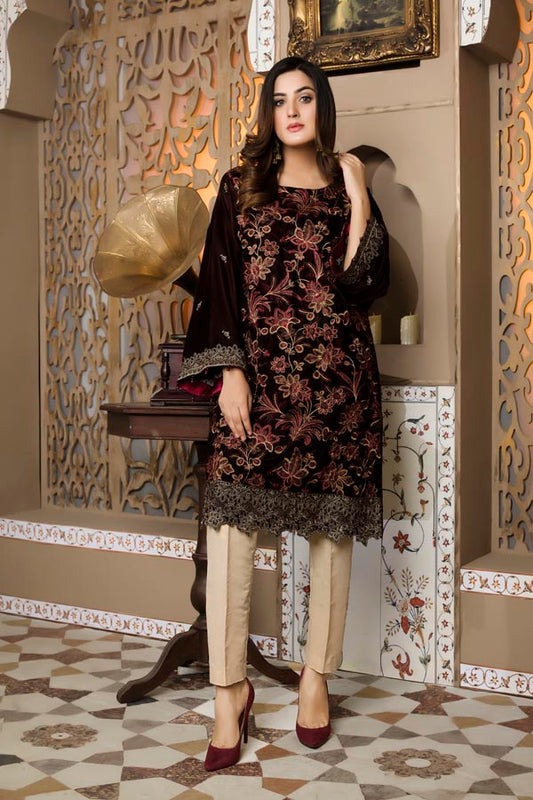 Brown 01 -  Embroidered Velvet Un Stitched (2 Piece)