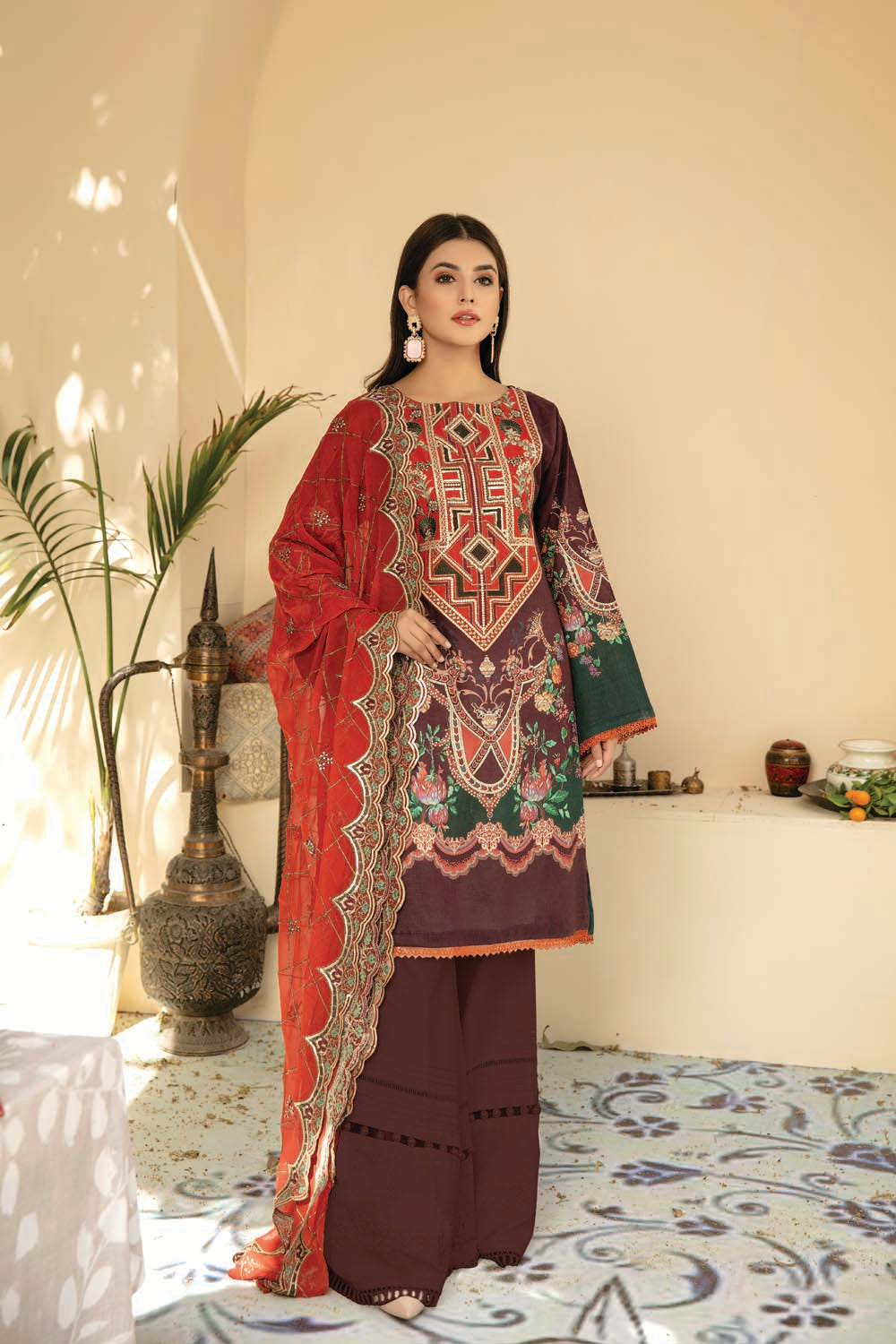 Brick Bliss - Digital Printed And Embroidered Suvic Lawn