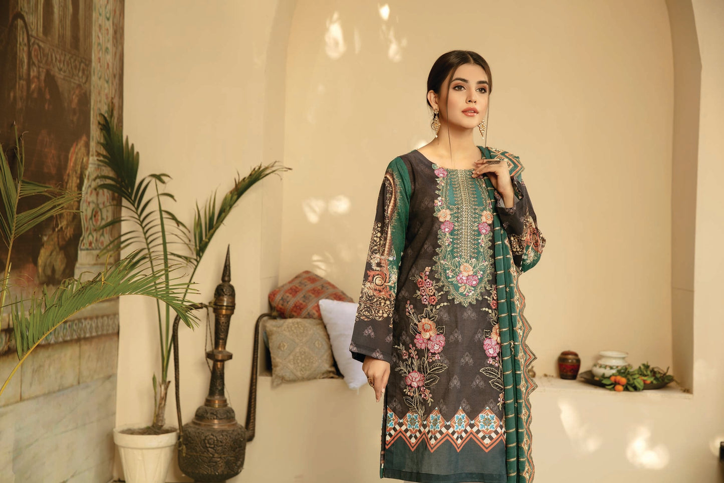 Grey Glory - Digital Printed And Embroidered Suvic Lawn