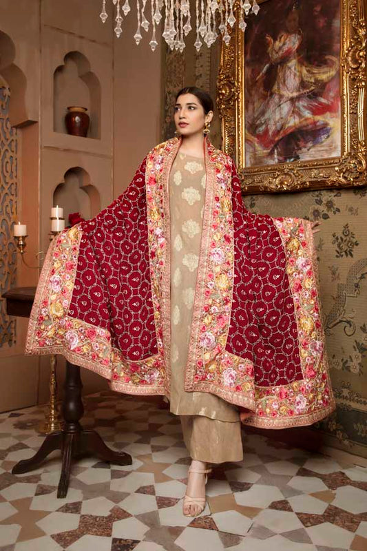 Burgundy - Embroidered Velvet Shawl