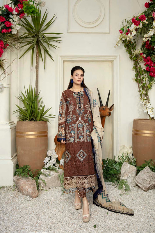 Burnt Umber - Schiffli Embroidered Lawn (3PC)