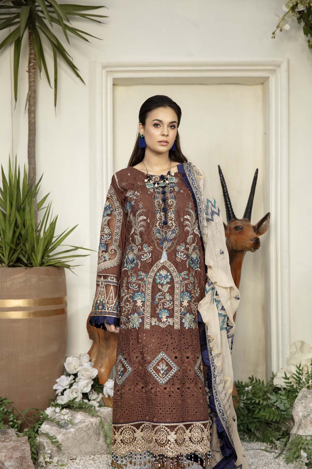 Burnt Umber - Schiffli Embroidered Lawn (3PC)