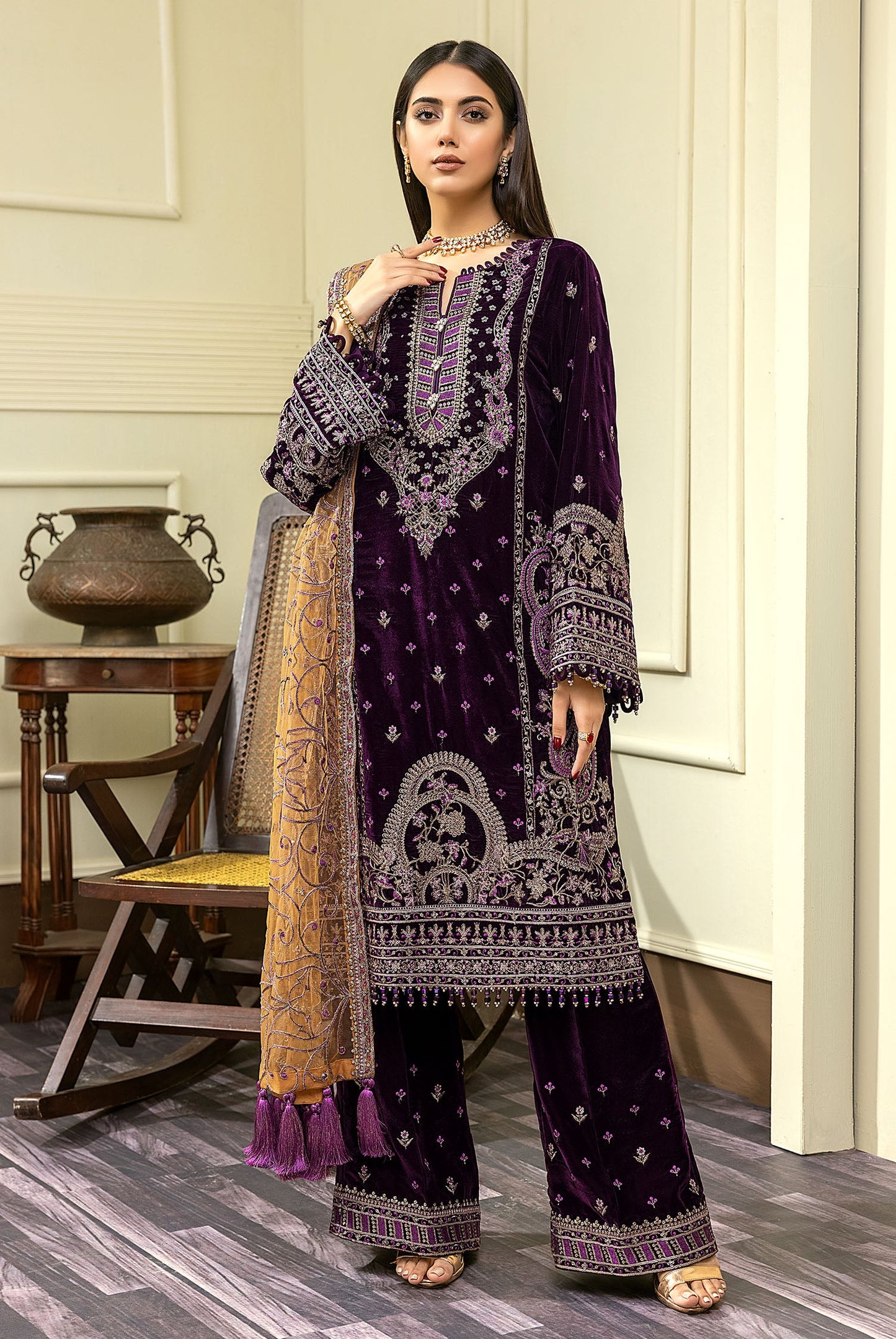 Palm Swill - Embroidered Velvet 3PC