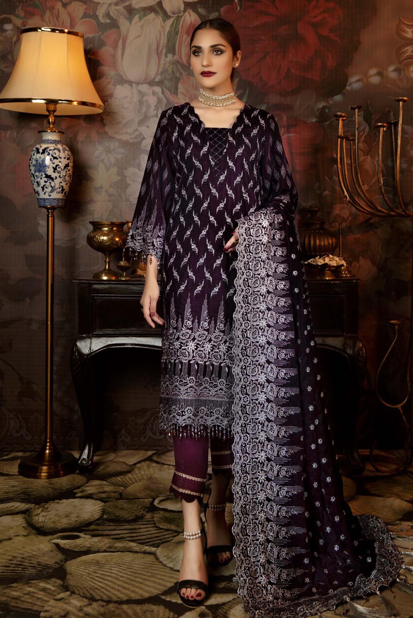 Hazel Rich - Embroidered Velvet 3PC Stitched