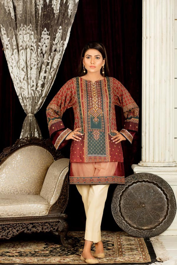 Brown Gladiolus - Digital Embroidered Stitched Lawn Kurti