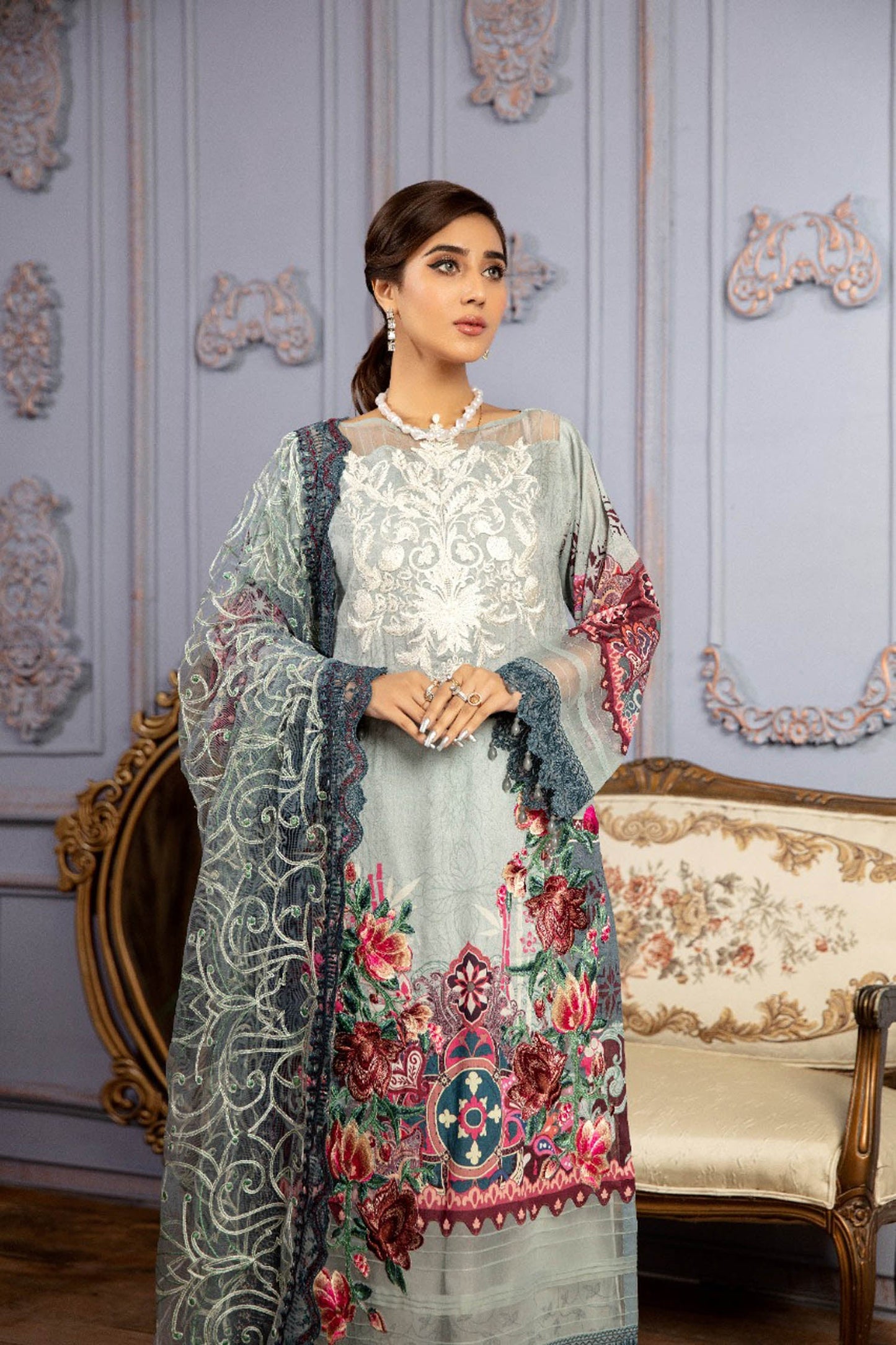 Blush Grey - Digital Printed & Schiffli Embroidered Lawn 3PC