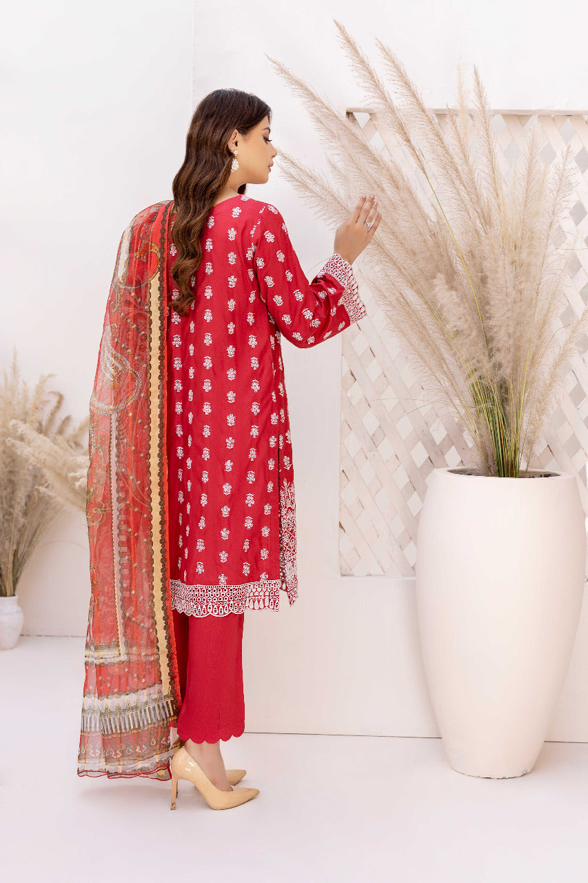 Amber Red - Schiffli Embroidered Linen 3PC Pret