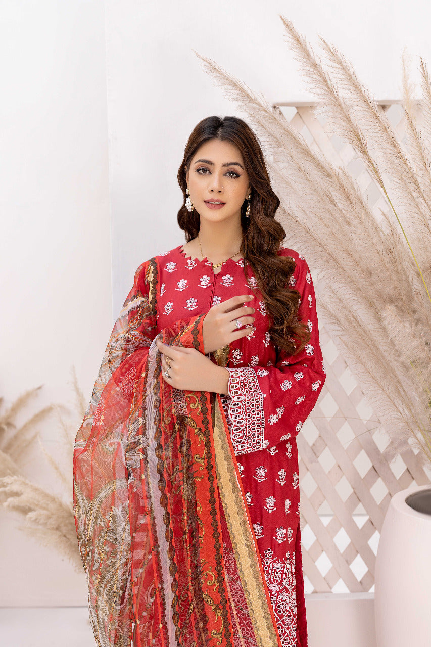Amber Red - Schiffli Embroidered Linen 3PC Pret
