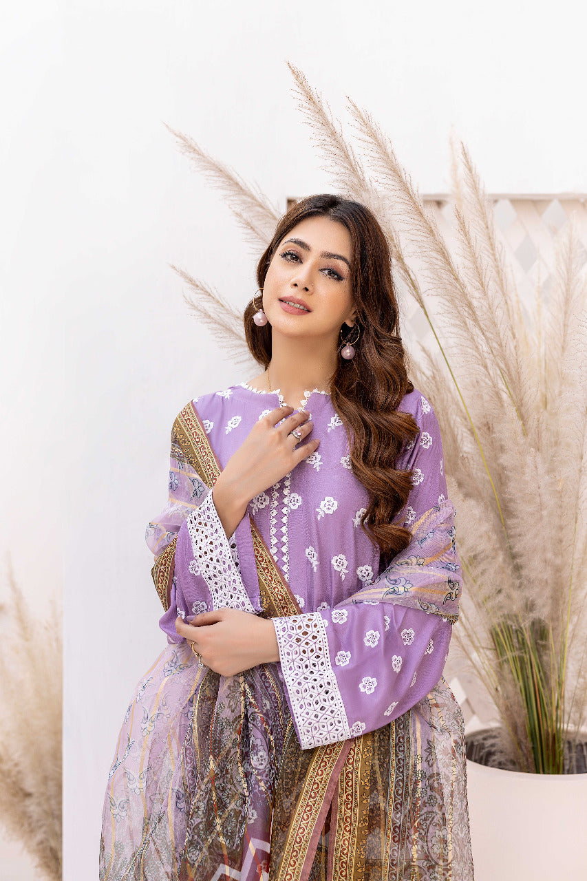 Bright Lavender - Schiffli Embroidered Linen 3PC Pret
